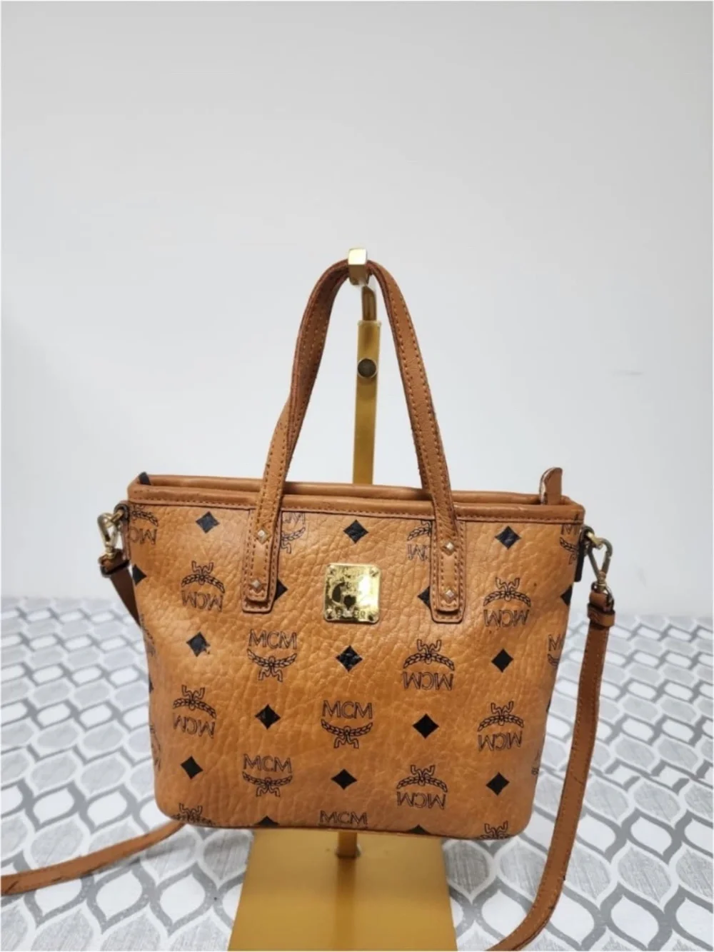 Authentic MCM Small Monogram Top Handle Bag Brown